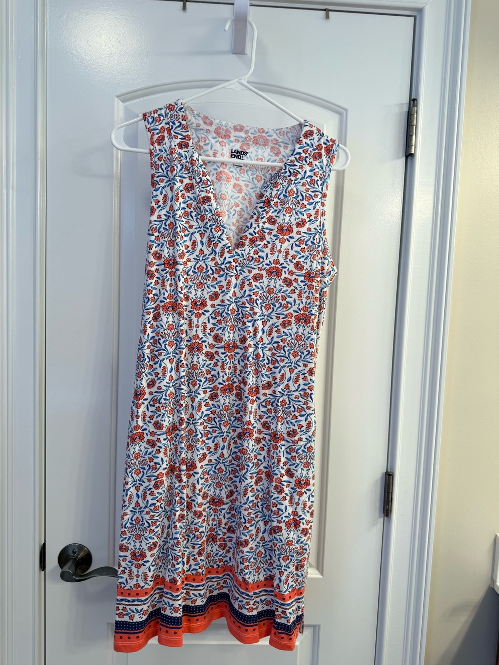 Lands' End Sleeveless V-Neck Midi Dress in White, Coral and Blue